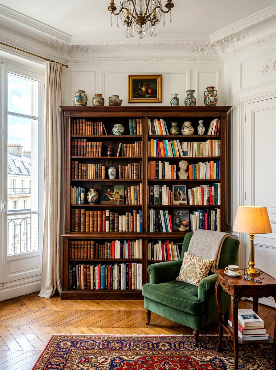 Antique wood bookcase display - 30 Parisian living room ideas