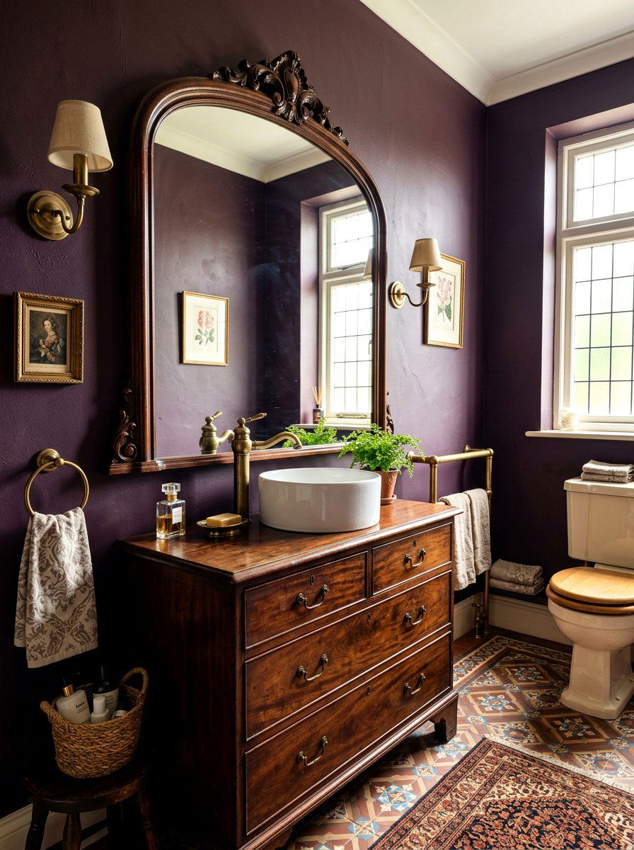 Antique wood vanity - 30 aubergine powder room ideas