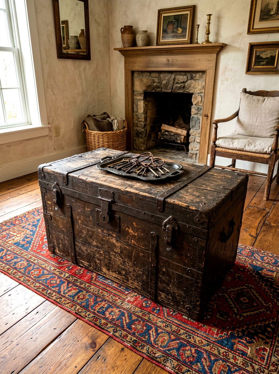 Antique wooden storage trunk - 30 earthy entryway ideas