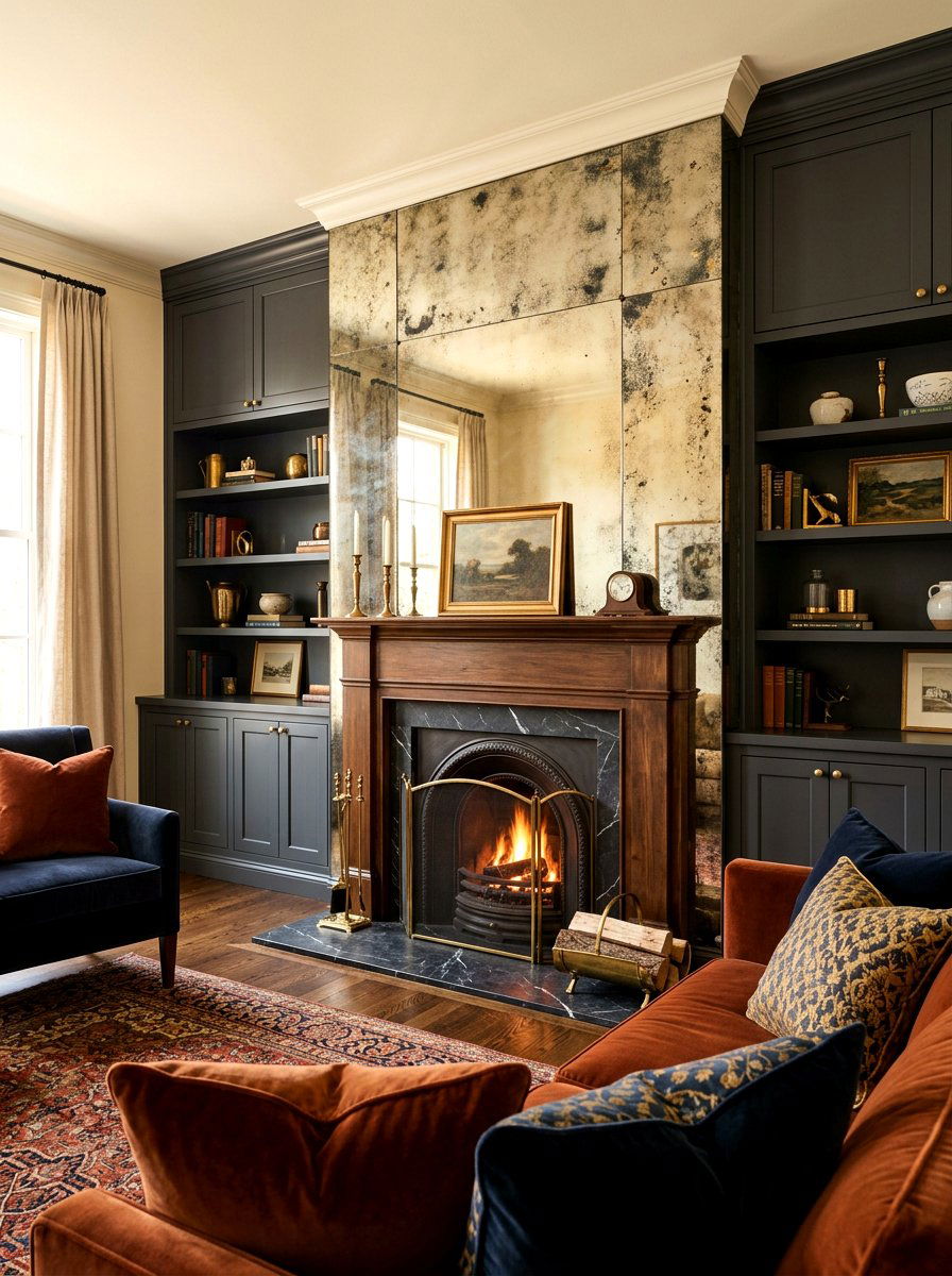 Antiqued mirror living room fireplace - 30 mirror alcove ideas