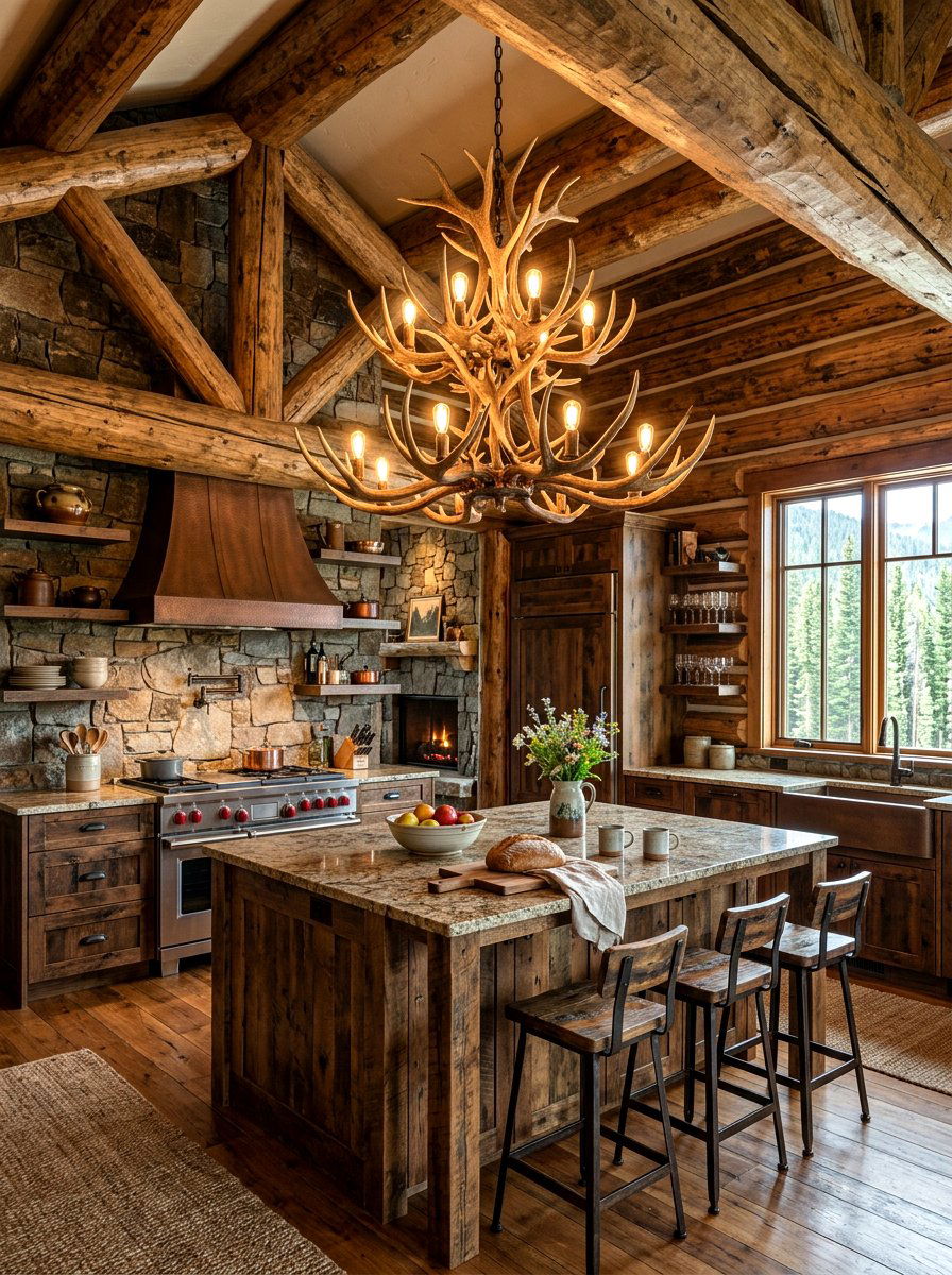 Antler Chandelier Kitchen Decor - 30 cabin kitchen ideas