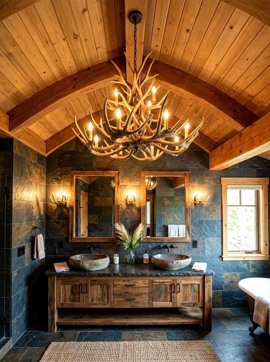 Antler chandelier lighting - 30 lodge bathroom ideas