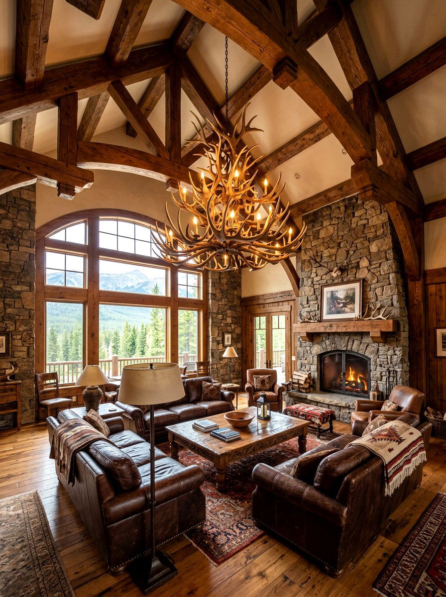Antler chandelier living room - 30 lake cabin decor ideas