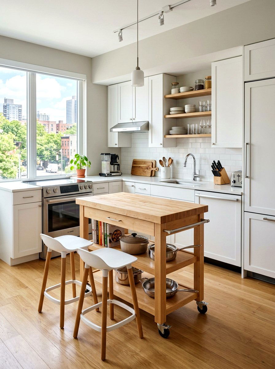 Apartment kitchen with portable wood island - 30 butcher block countertop ideas