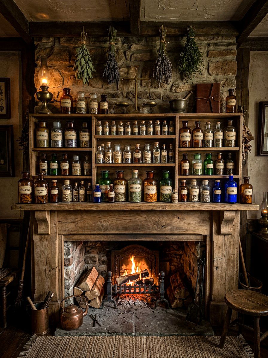 Apothecary Bottle Collection - 30 Halloween mantel decor ideas