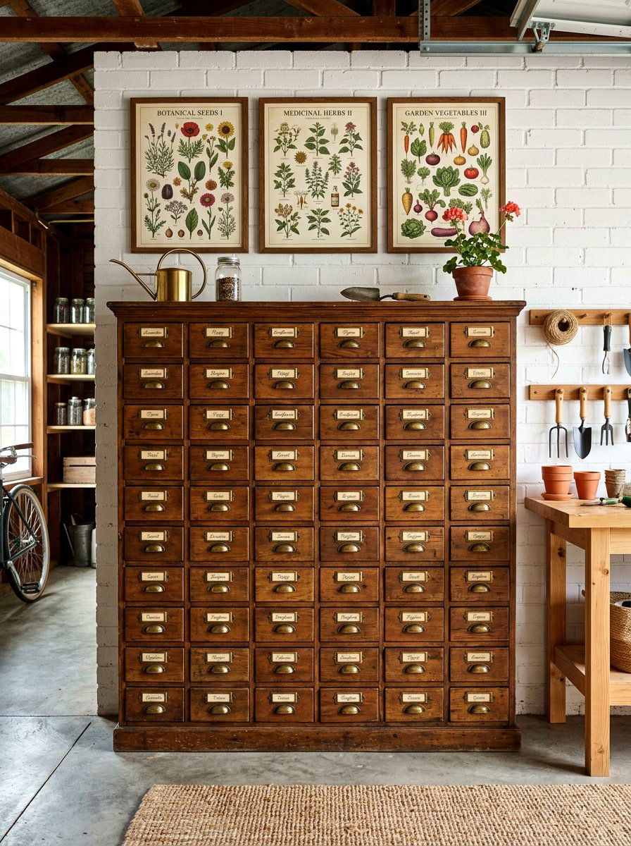 Apothecary Style Seed Cabinet - 30 garage gardening station ideas