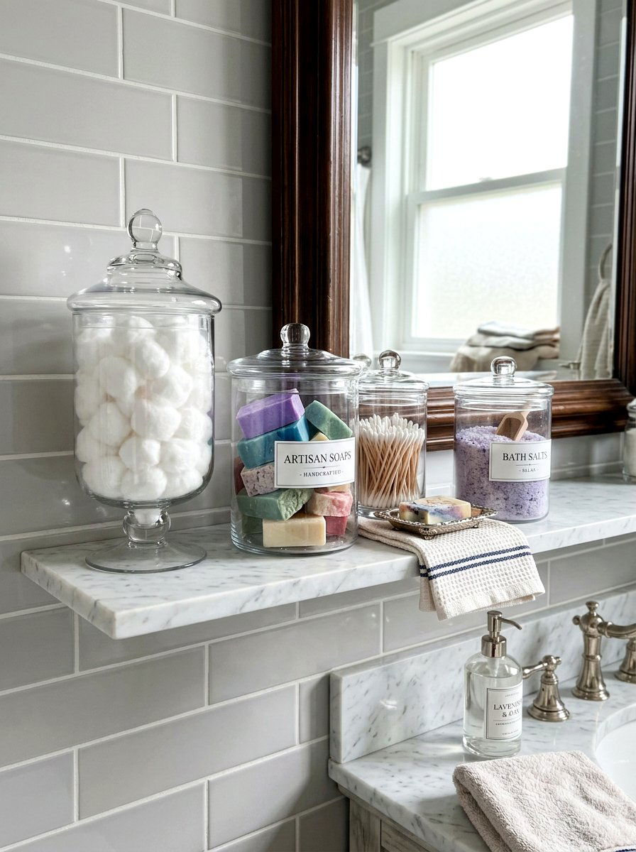 Apothecary jar storage - 30 rental bathroom makeover ideas aesthetic