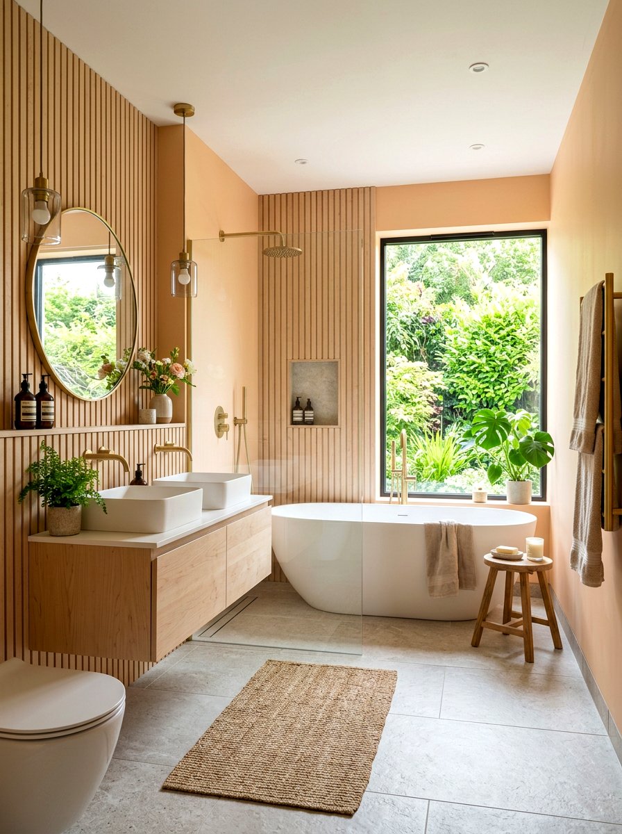 Apricot and light wood bathroom - 30 apricot bathroom ideas