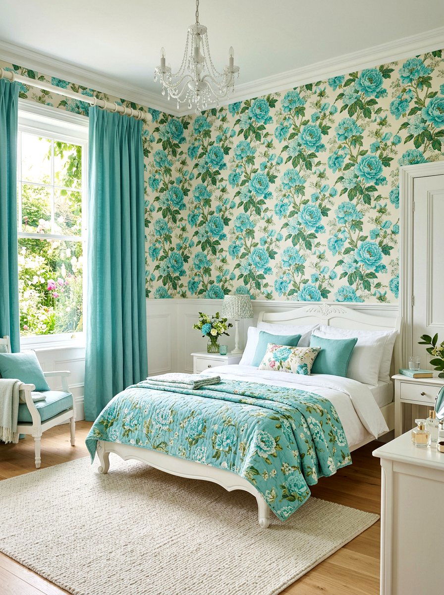 Aqua Floral Bedroom - 30 aqua bedroom ideas