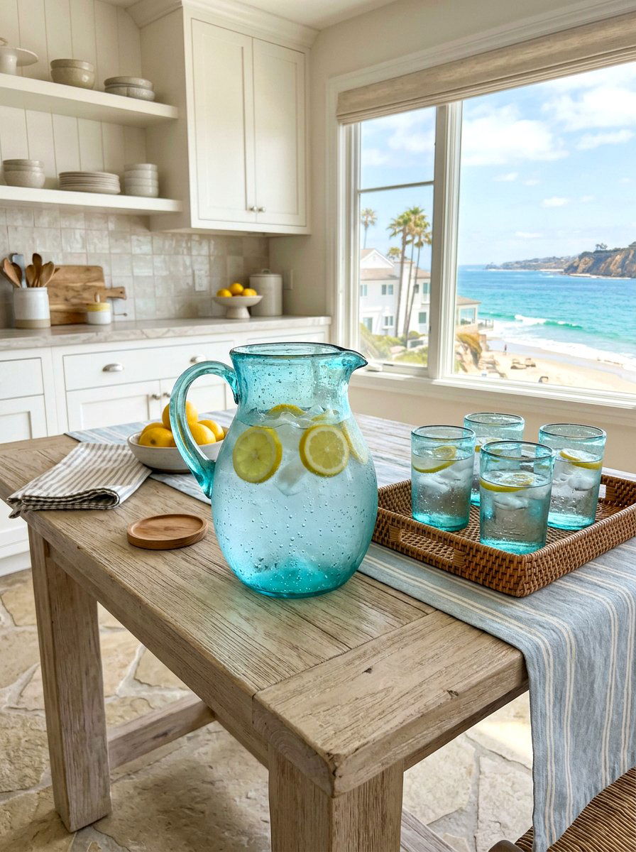 Aqua Glass Pitcher - 30 coastal table decor ideas