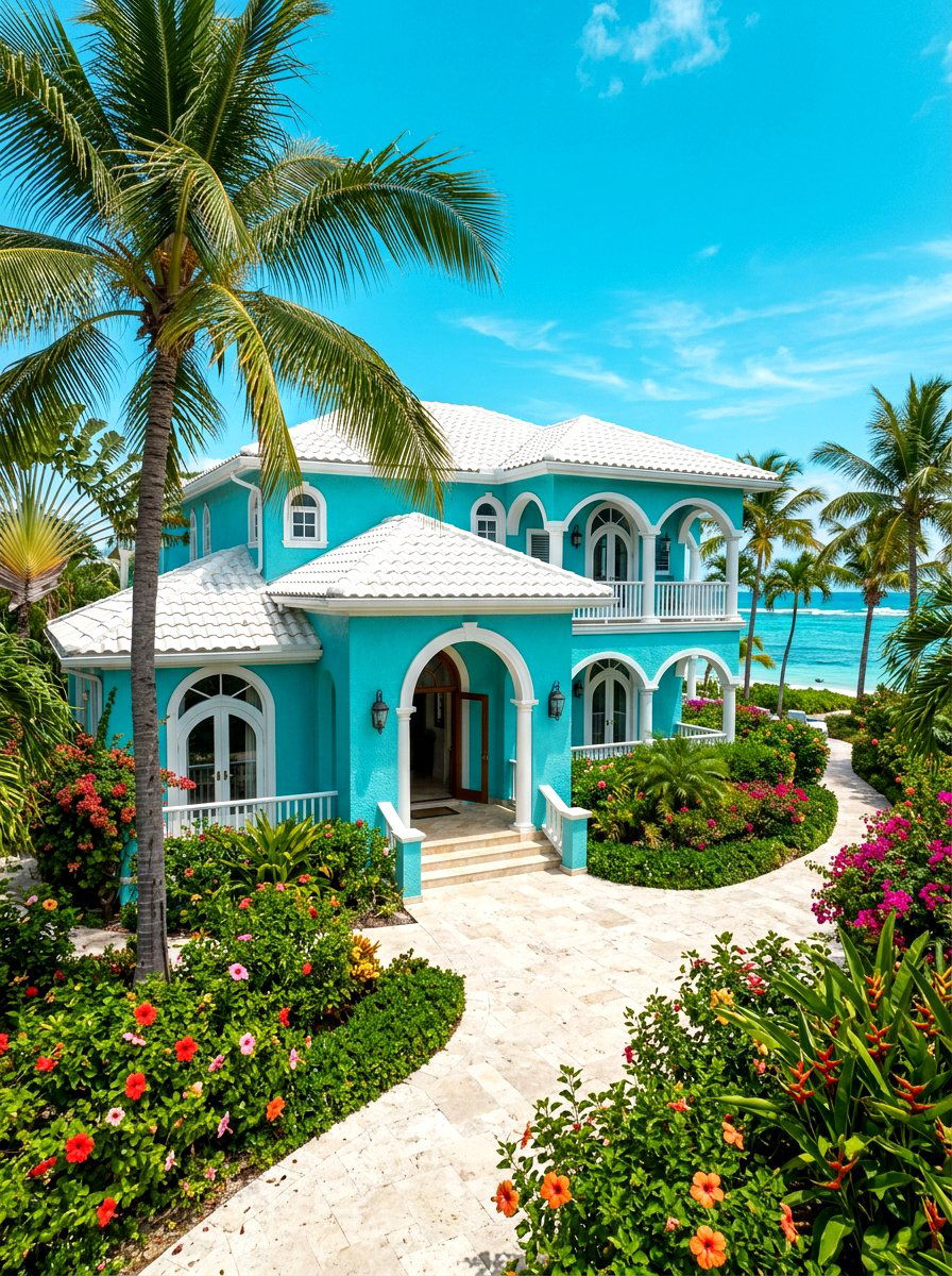Aqua blue tropical villa - 30 blue house exterior ideas