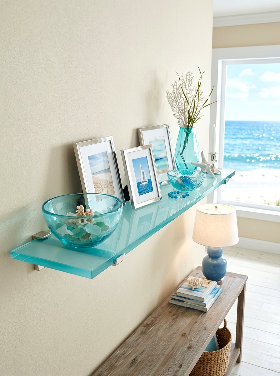 Aqua glass shelf - 30 summer shelf decor ideas