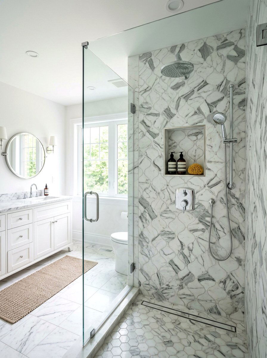 Arabescato Lantern Mosaic Shower - 30 marble mosaic bathroom ideas