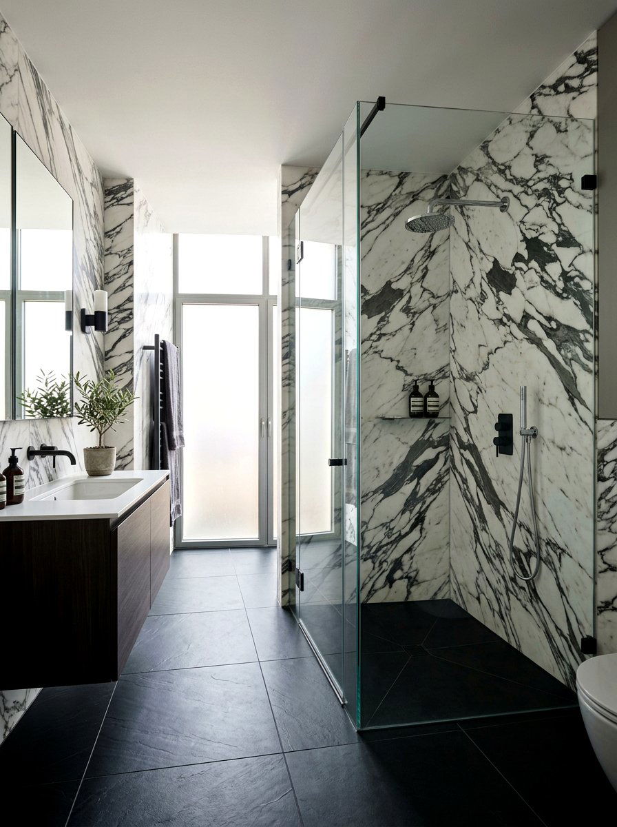 Arabescato Marble Shower - 30 stone slab shower wall ideas