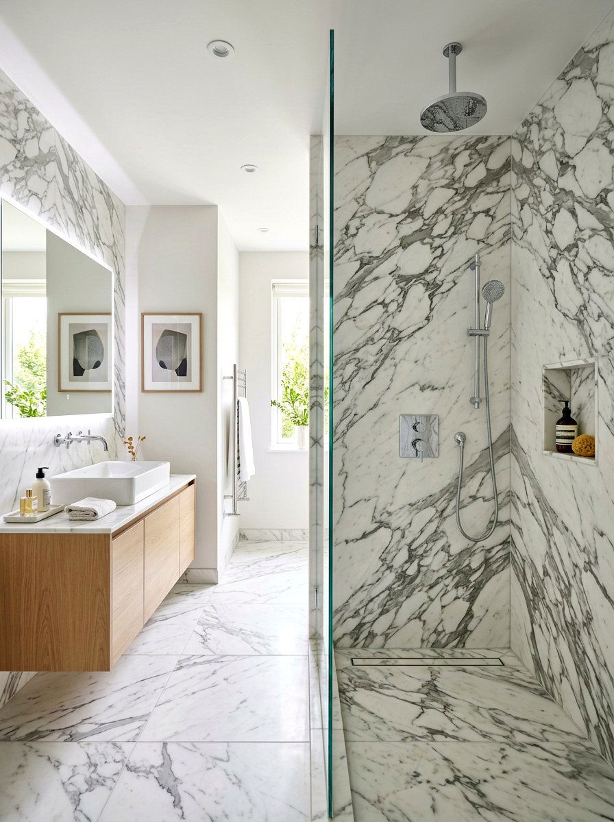 Arabescato Marble Shower - 30 stone slab shower ideas