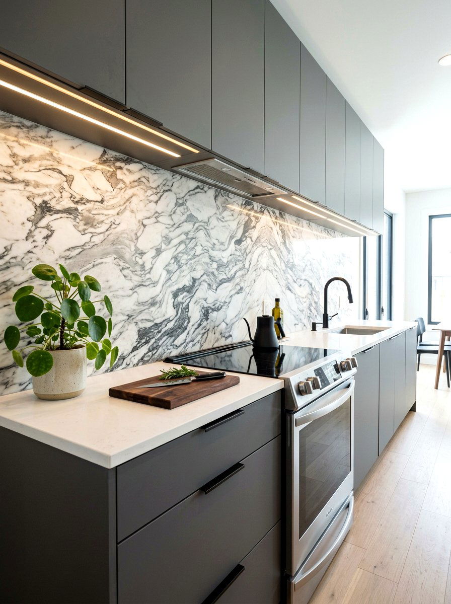 Arabescato marble slab backsplash - 30 slab stone backsplash ideas