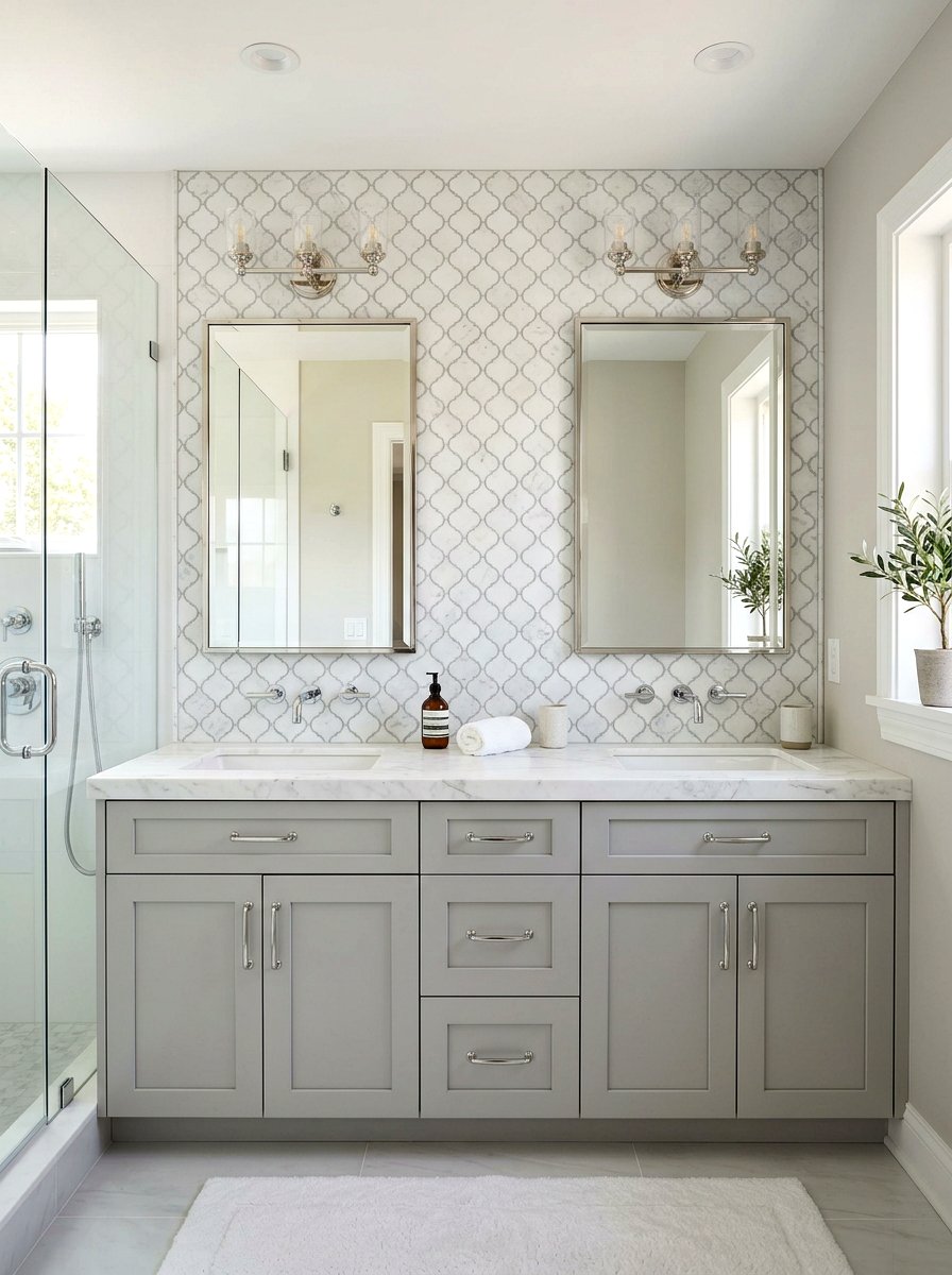 Arabesque Marble Backsplash - 30 mosaic marble bathroom ideas
