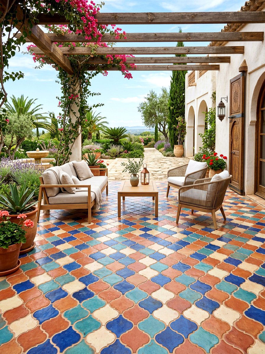 Arabesque terracotta tile patio - 30 terracotta patio ideas
