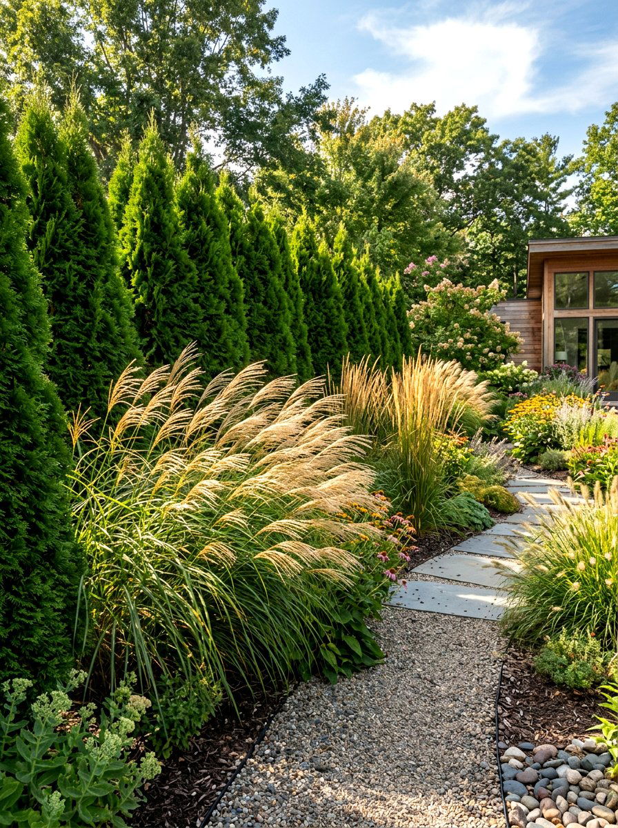 Arborvitae With Ornamental Grass - 30 arborvitae privacy ideas