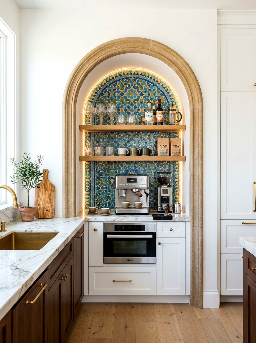Arched Alcove Beverage Area - 30 beverage pantry ideas aesthetic