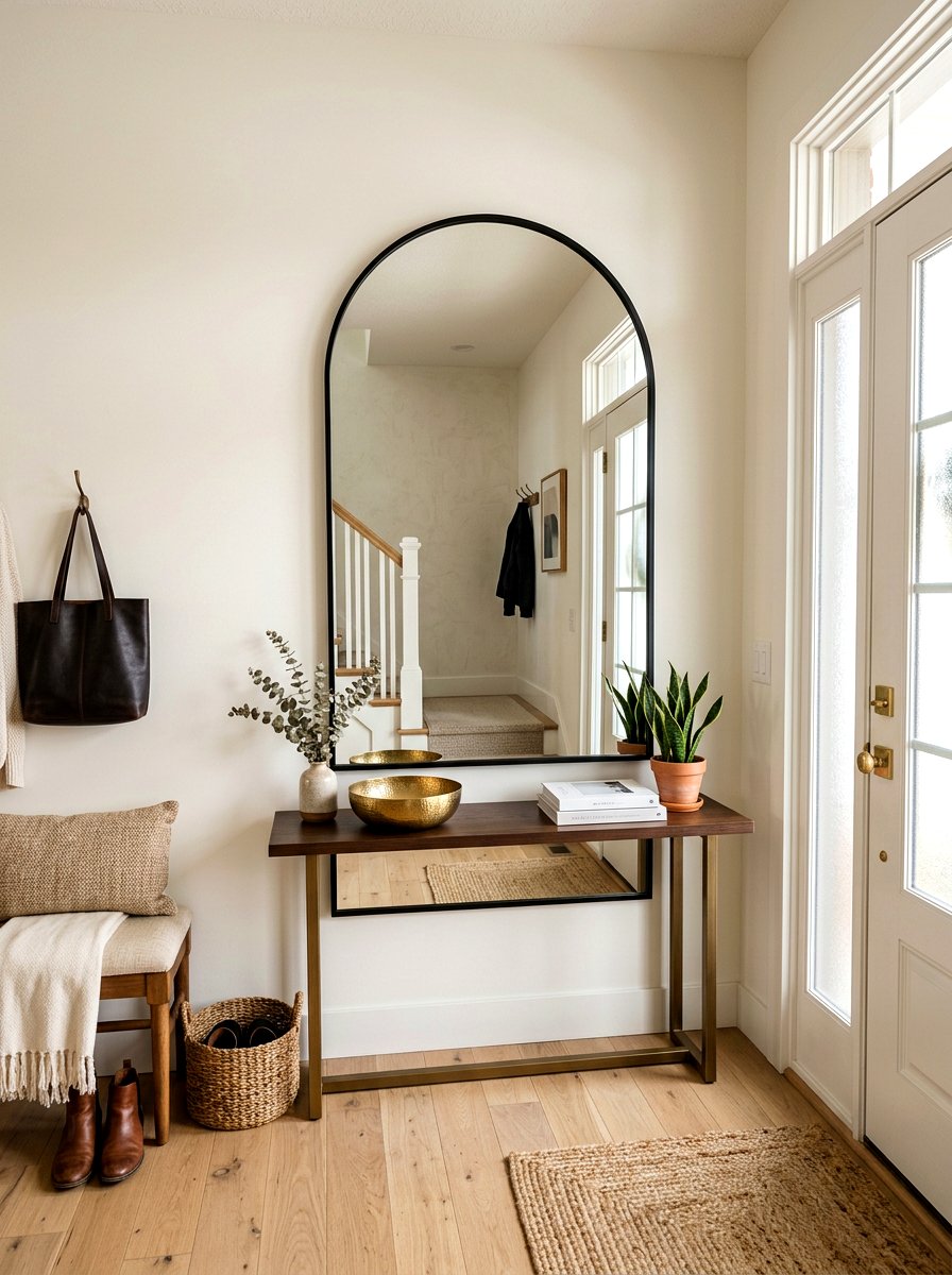 Arched Black Metal Mirror Entryway - 30 oversized mirror leaning wall ideas