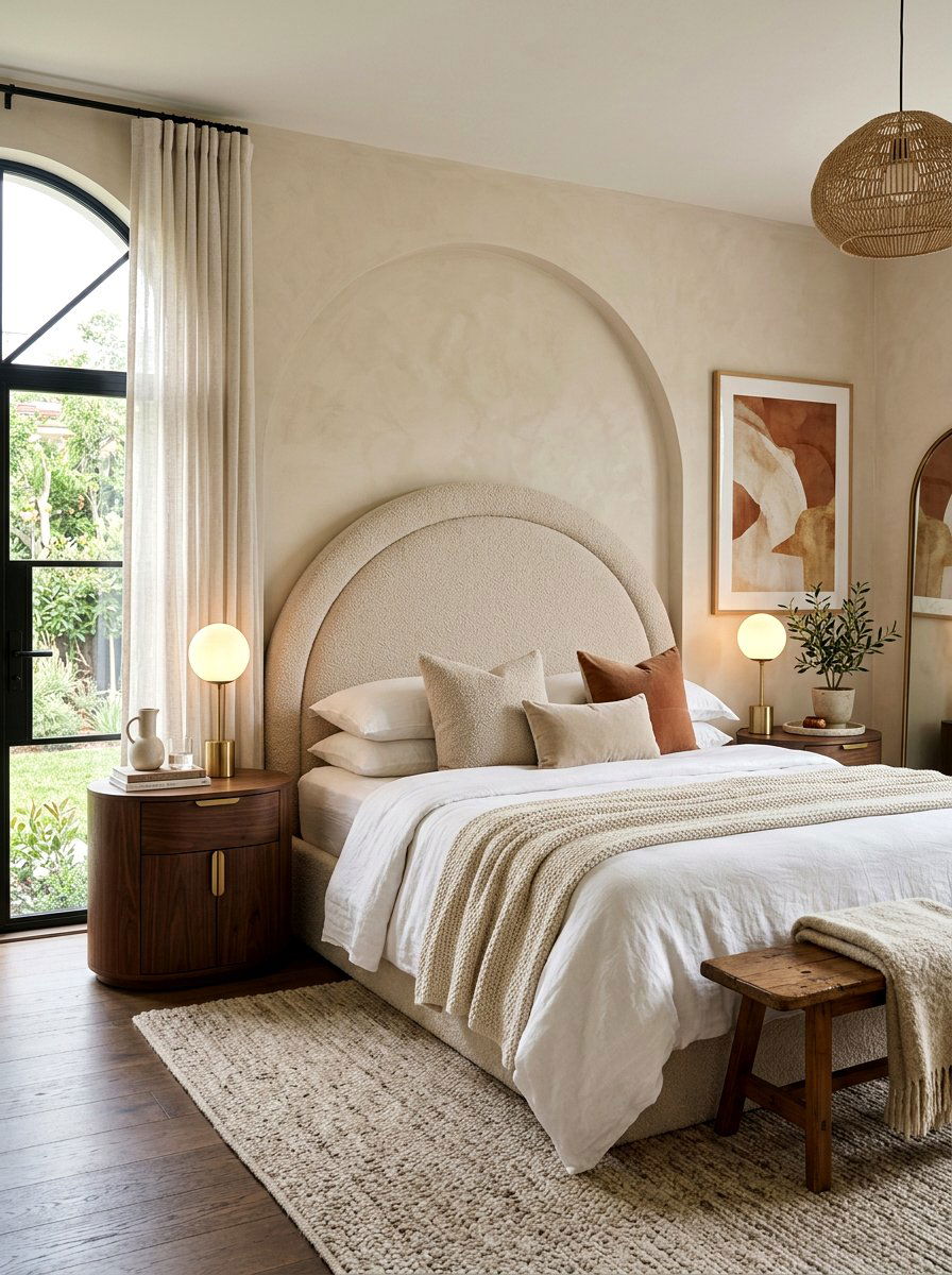 Arched Boucle Headboard - 30 boucle bedroom ideas