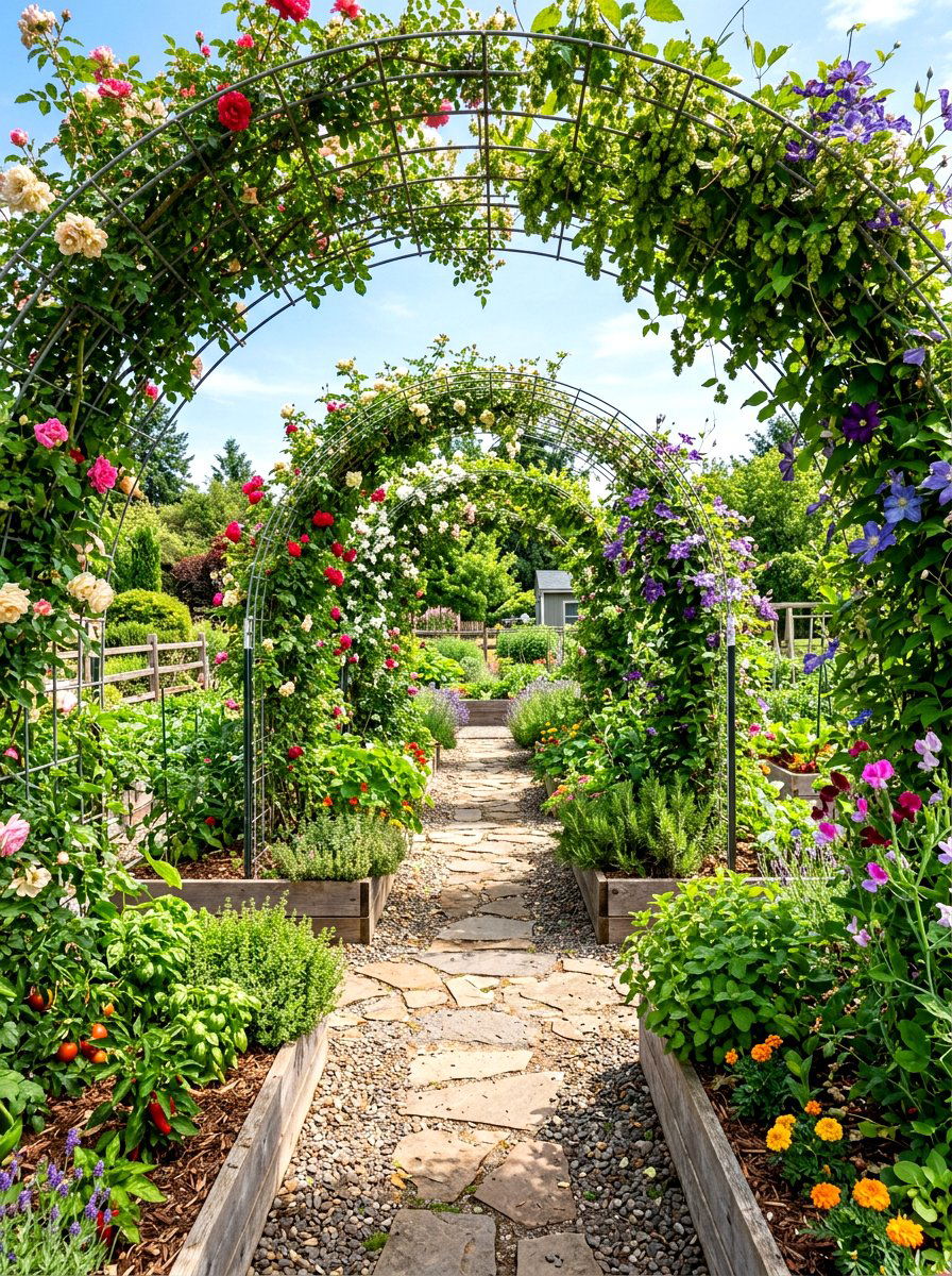 Arched Cattle Panel Trellis Fence - 30 herb garden fence ideas