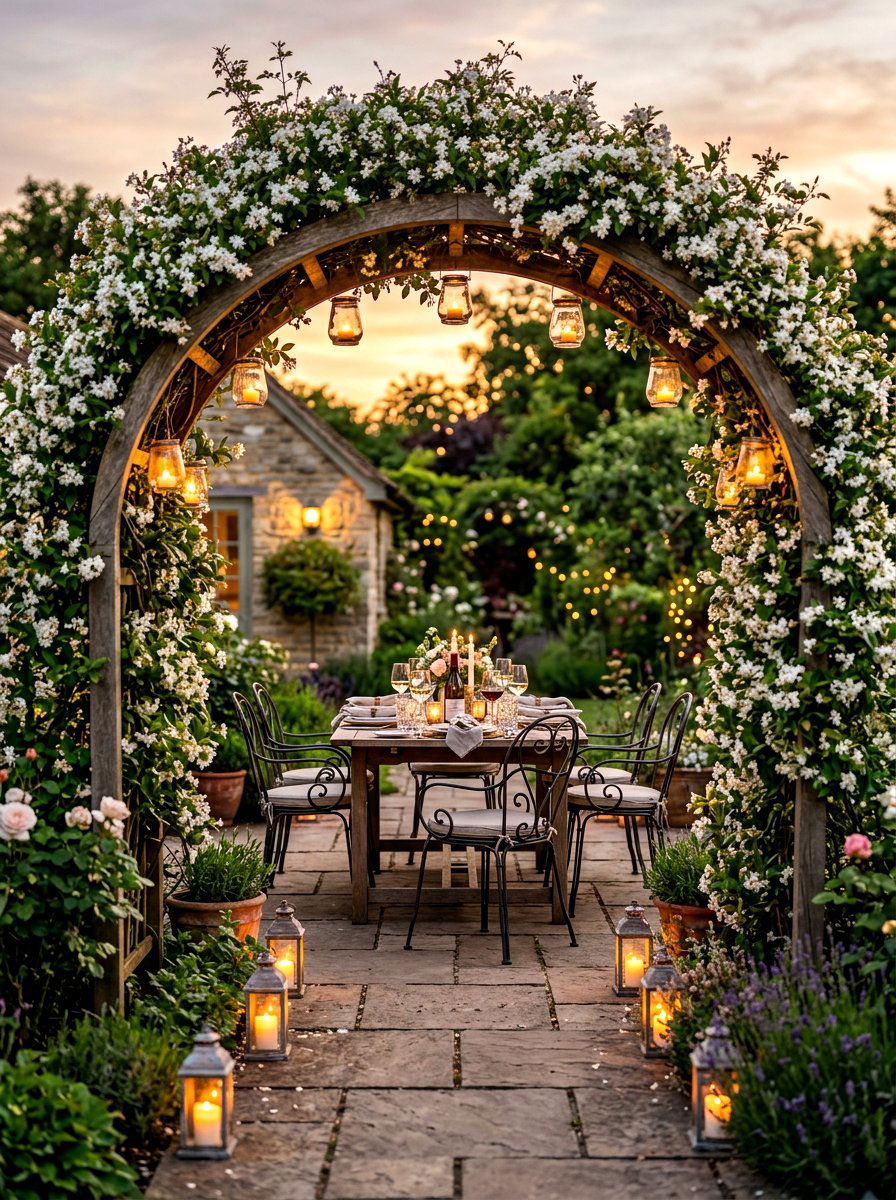 Arched Flower Trellis - 30 backyard candlelight dinner ideas