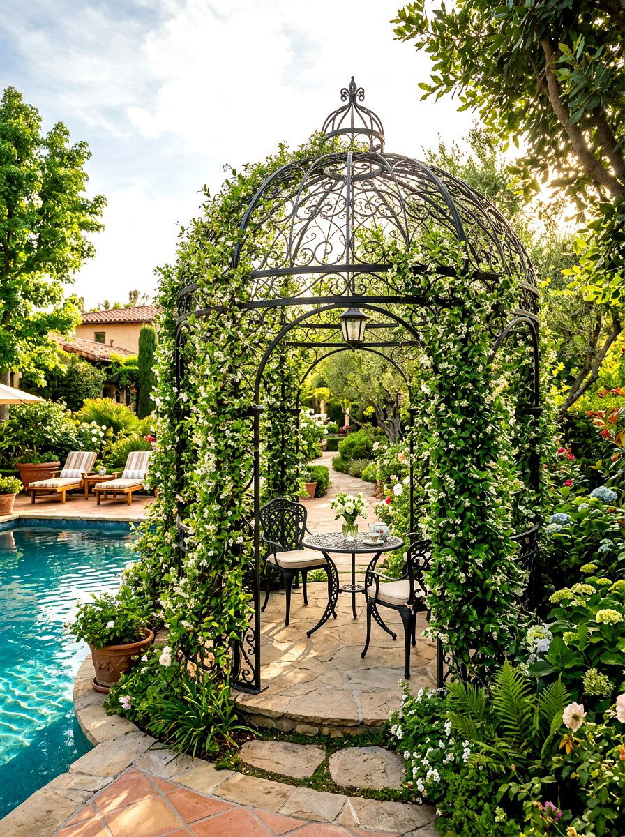 Arched Iron Frame Gazebo - 30 poolside gazebo ideas