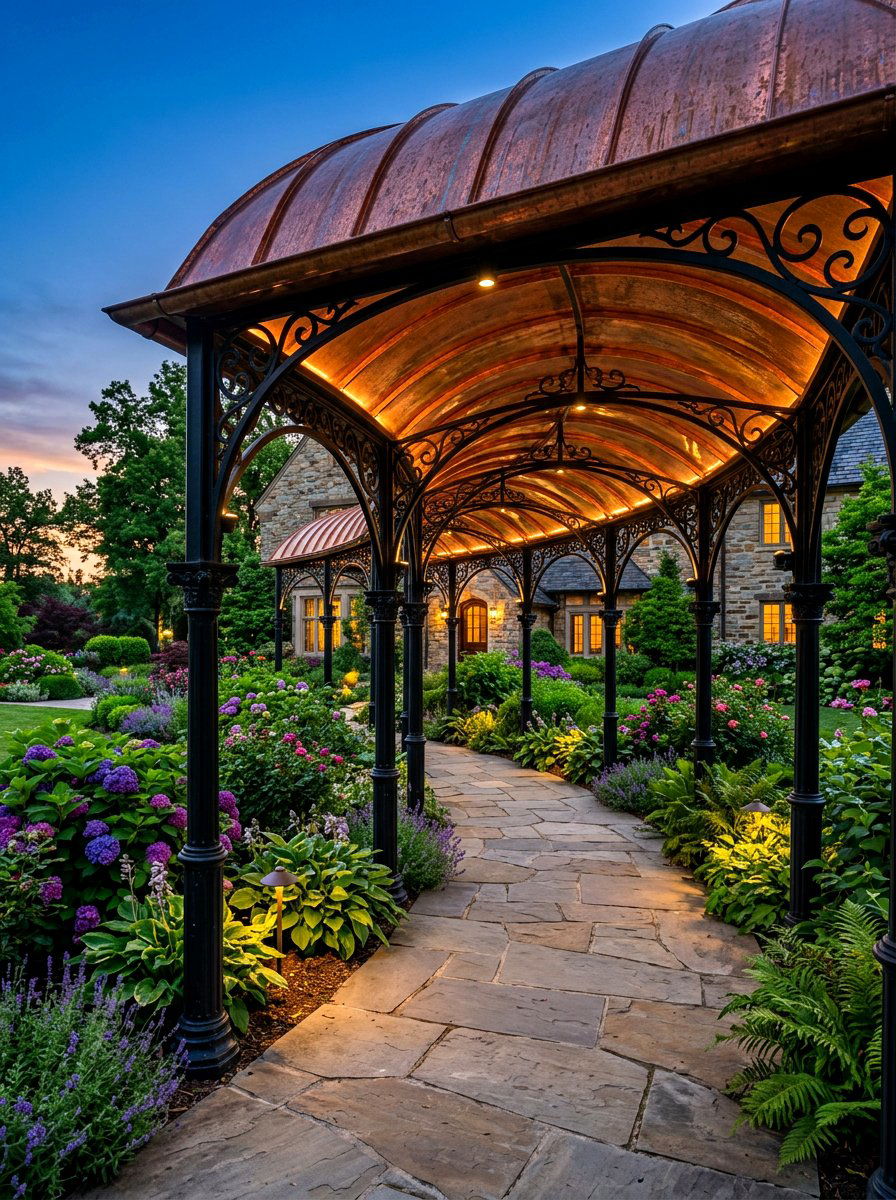 Arched Metal Canopy for Walkways - 30 rainproof patio ideas