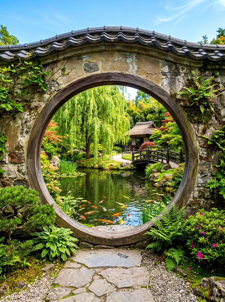 Arched Moon Gate - 30 backyard arbor ideas