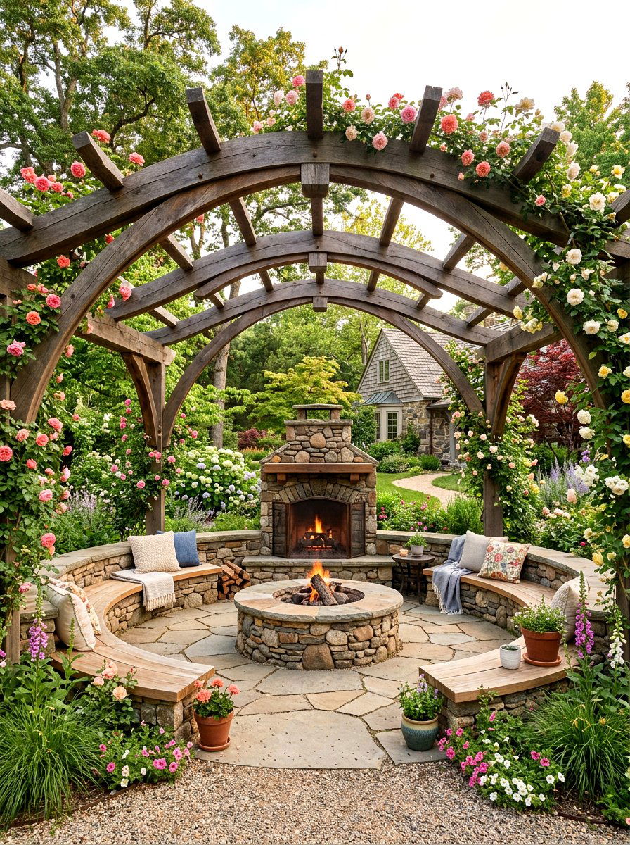 Arched Pergola Round Fireplace - 30 pergola with fireplace ideas