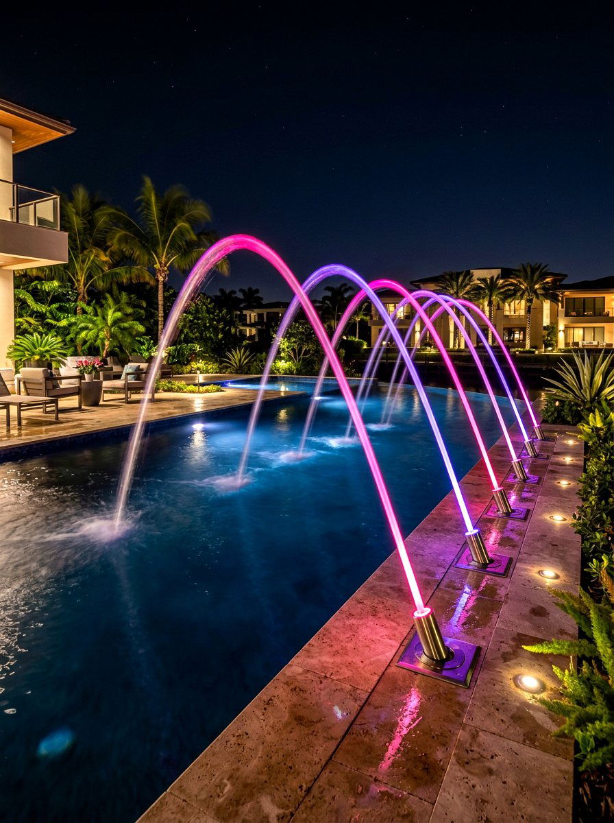 Arched Pool Deck Jets - 30 pool waterfall ideas