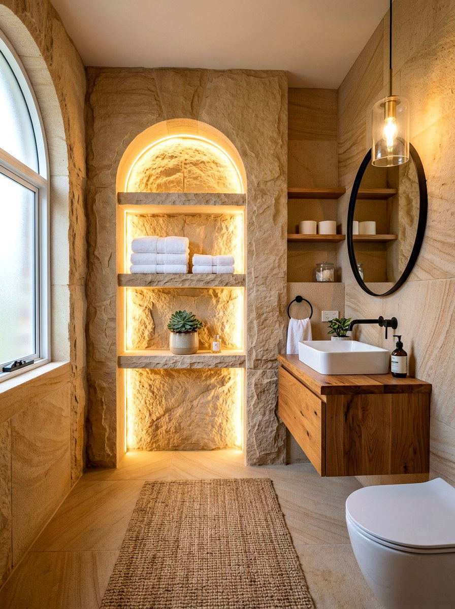 Arched Sandstone Niche - 30 sandstone powder room ideas