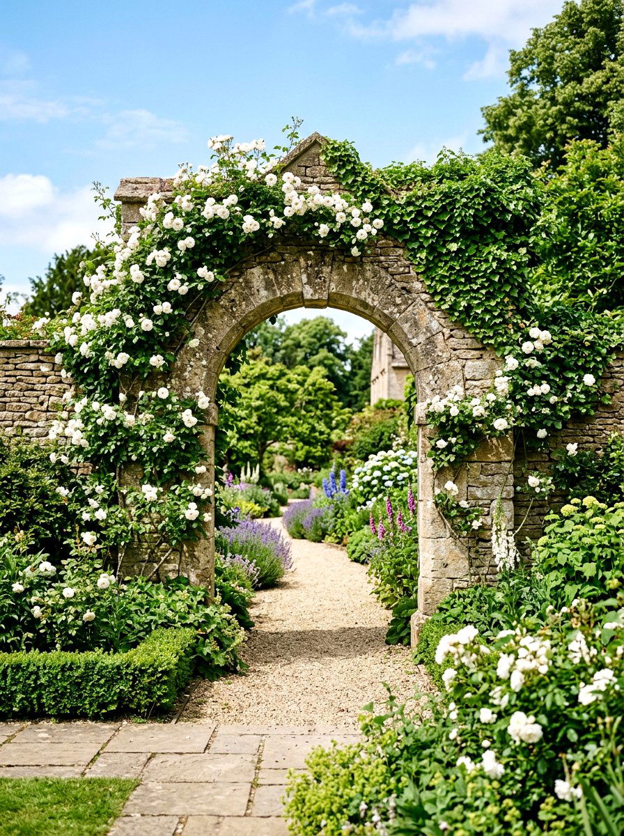Arched Stone Wall Arbor - 30 cottage rose arbor ideas