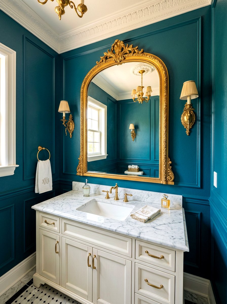 Arched Wall Mirror - 30 deep teal powder room ideas