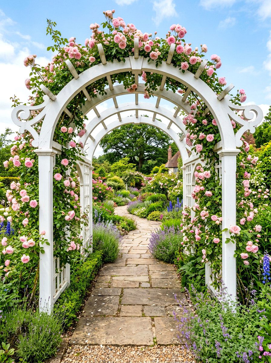 Arched White Pergola - 30 white pergola ideas