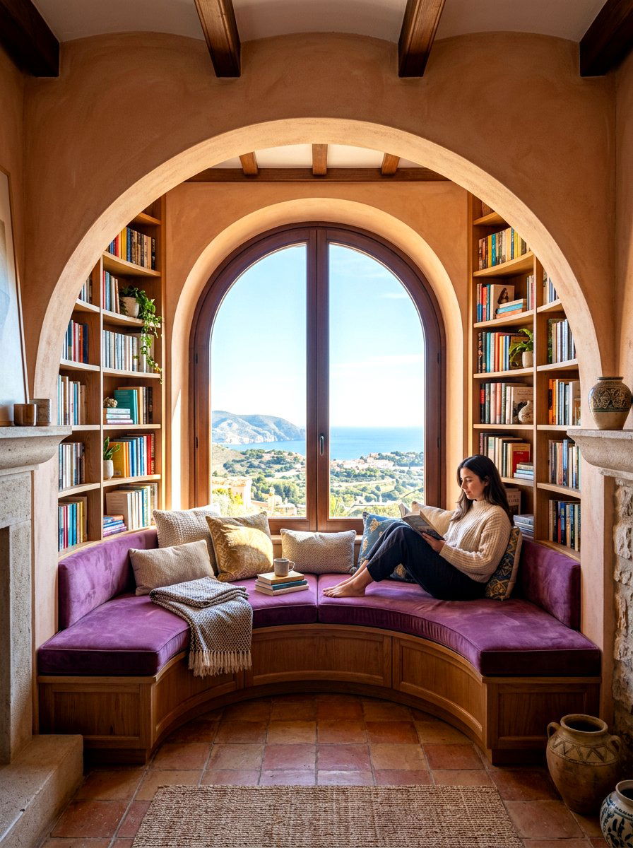 Arched Window Reading Bench - 30 window seat bookshelf ideas