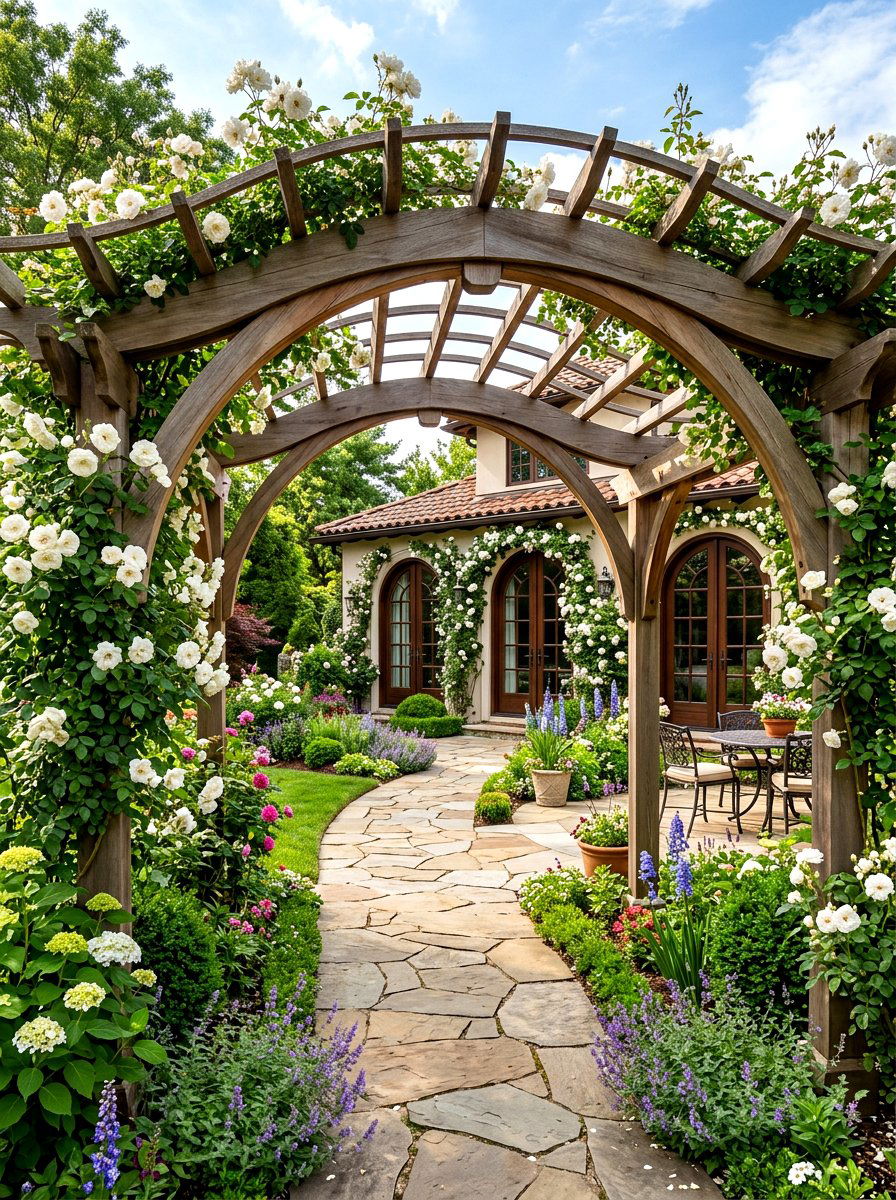 Arched Wood Pergola - 30 attached pergola ideas