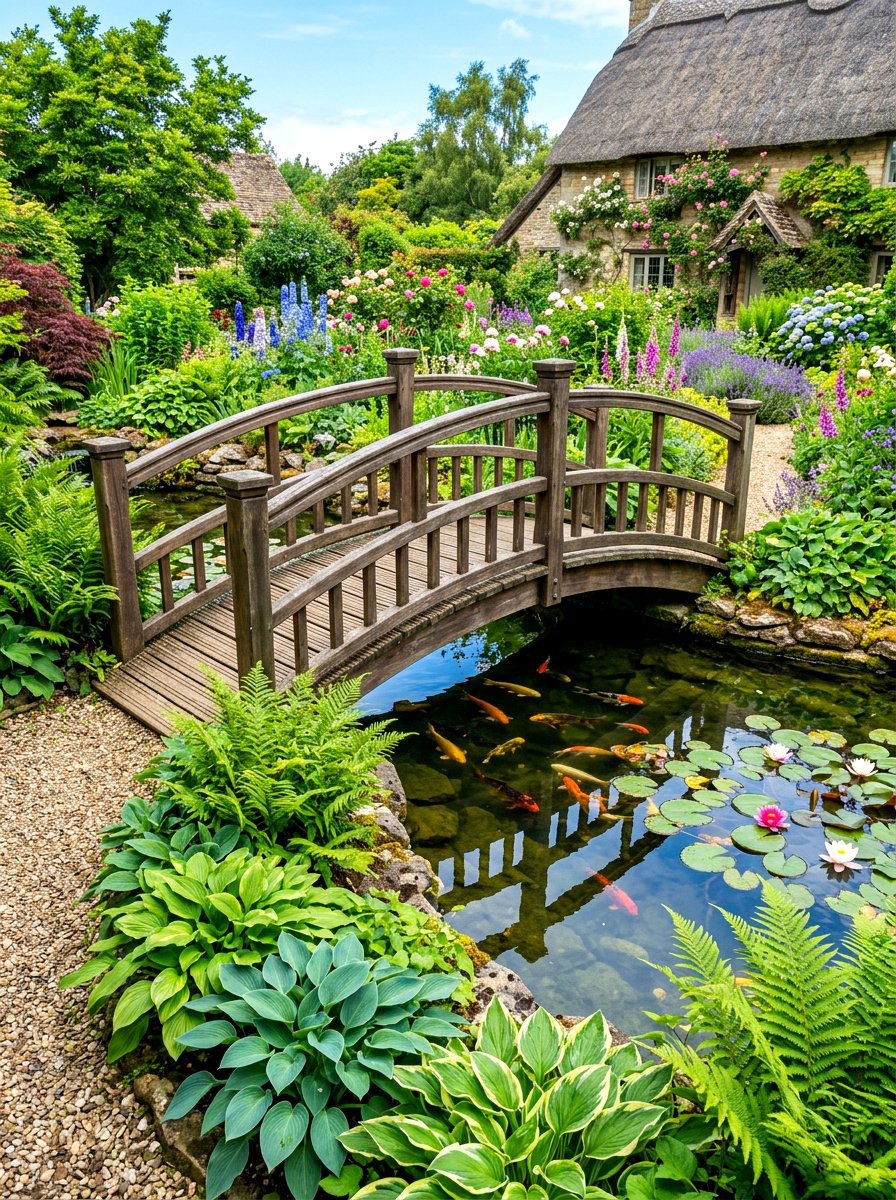 Arched Wooden Footbridge - 30 pond bridge ideas