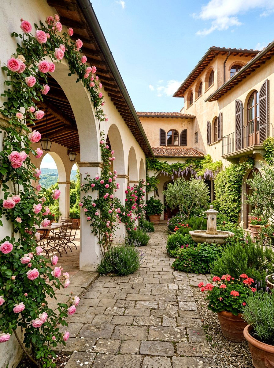Arched entryway courtyard - 30 Mediterranean front courtyard ideas