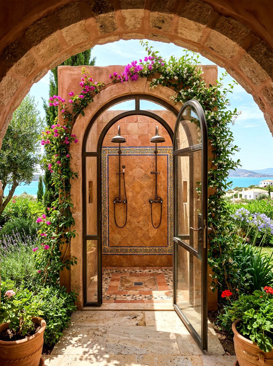 Arched glass shower entry - 30 double shower bathroom ideas