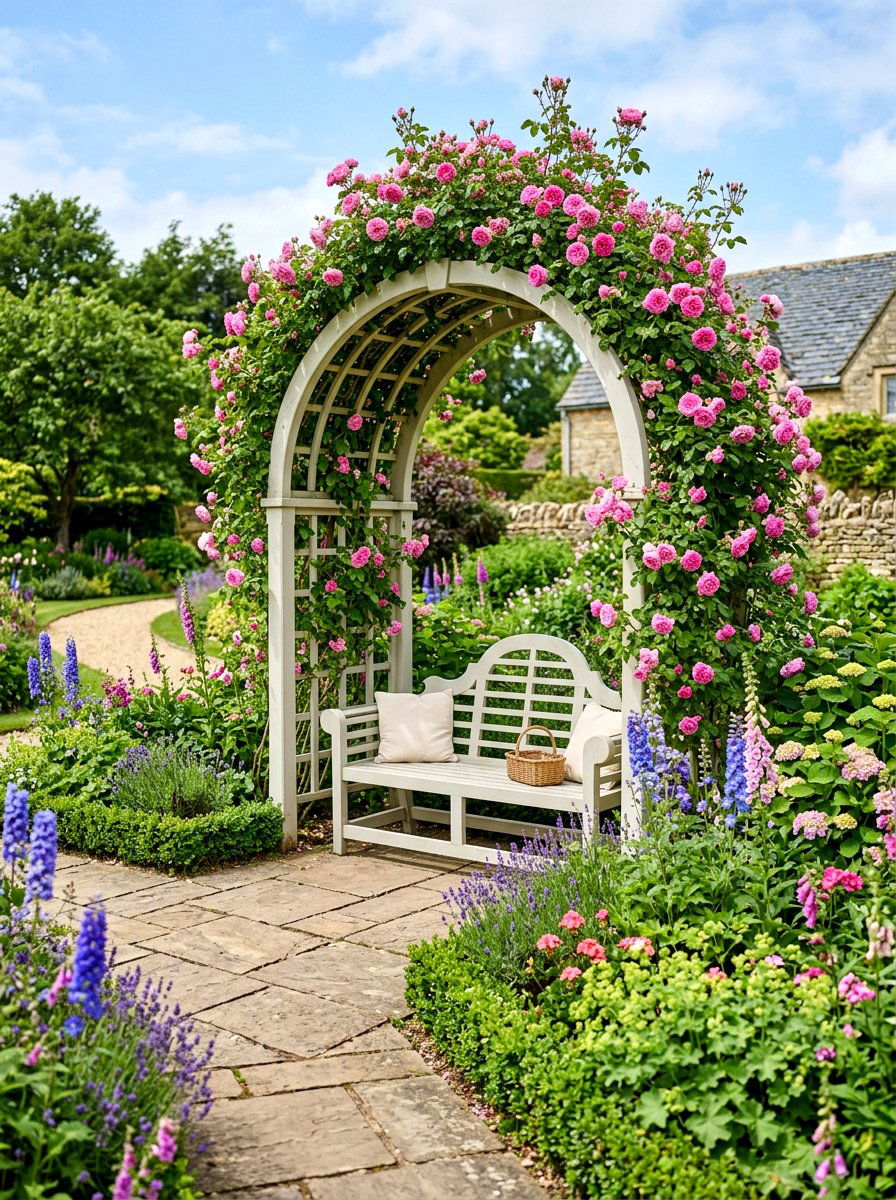 Arched roof garden bench - 30 garden arbor seating ideas