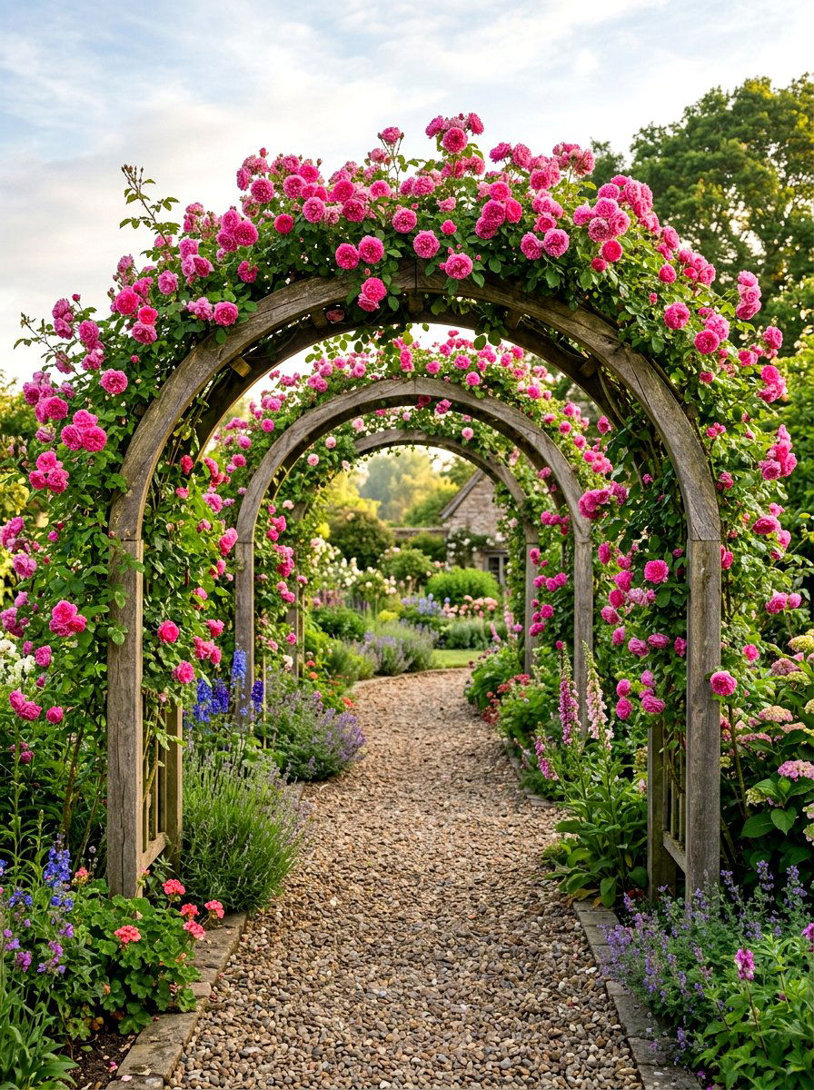 Arched rose arbor path - 30 rose garden walkway ideas