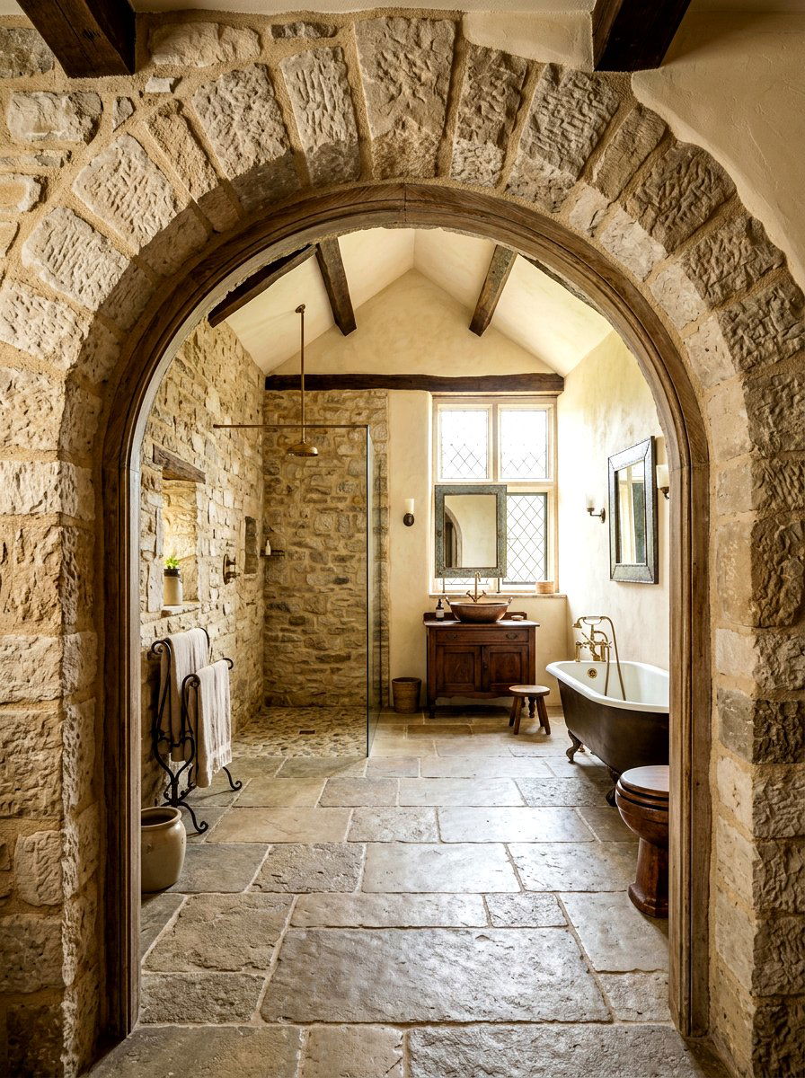 Arched stone doorway - 30 rustic bathroom ideas