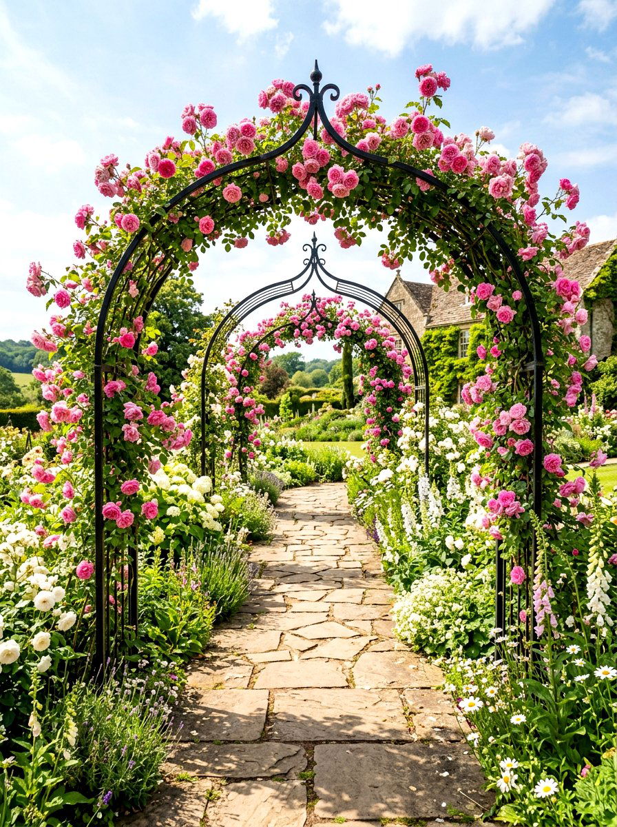 Arched trellis over stone path - 30 secret path garden ideas