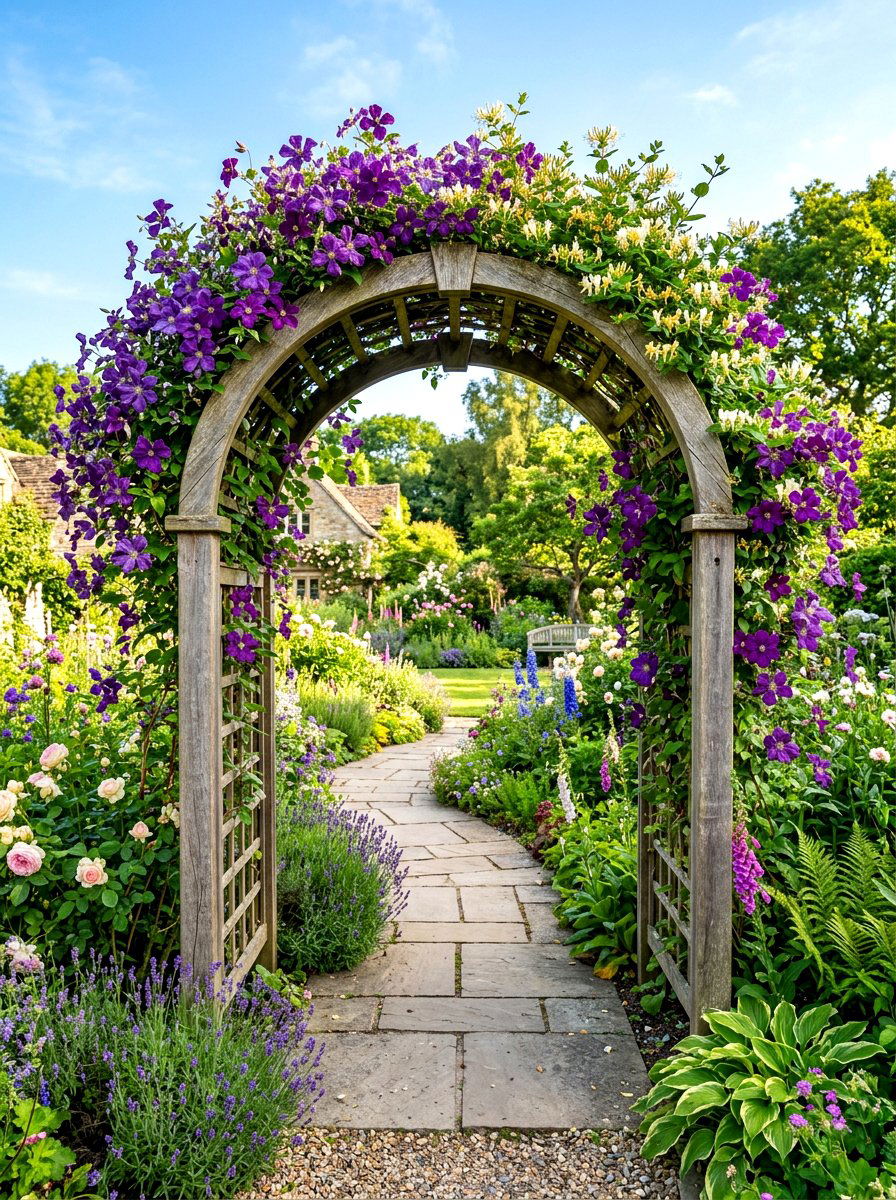 Arched trellis with vines - 30 cottage front yard garden ideas