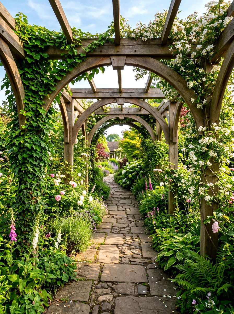 Arched wood garden pergola path - 30 pergola walkway ideas