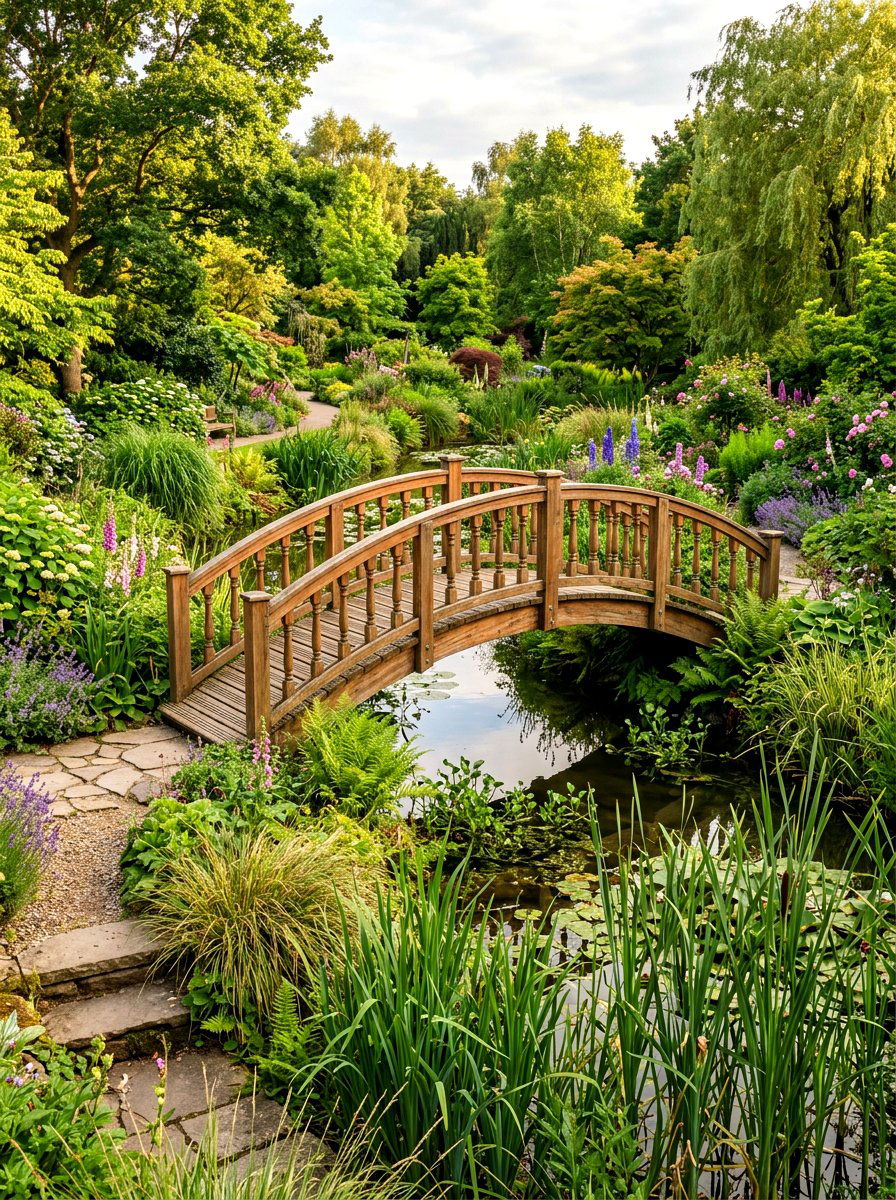 Arched wooden bridge - 30 pond landscaping ideas