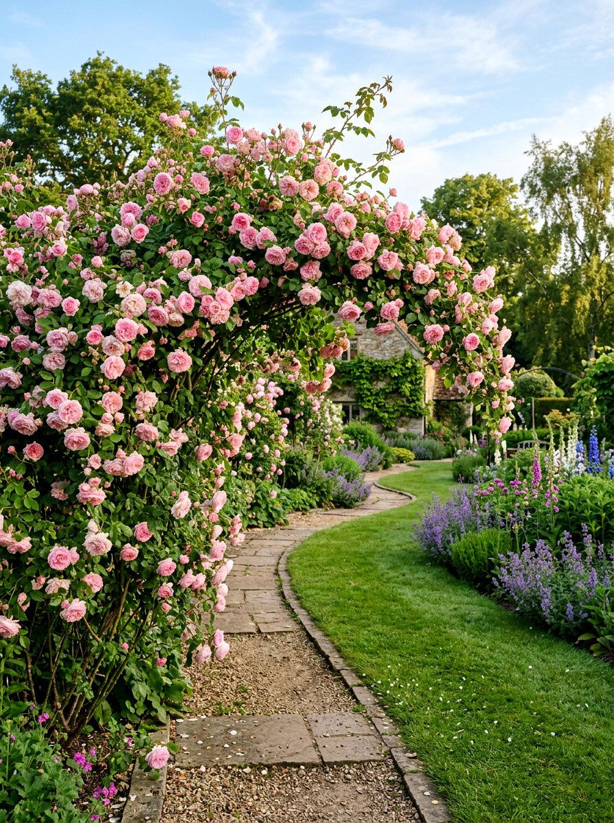 Arching shrub rose hedge - 30 rose hedge ideas